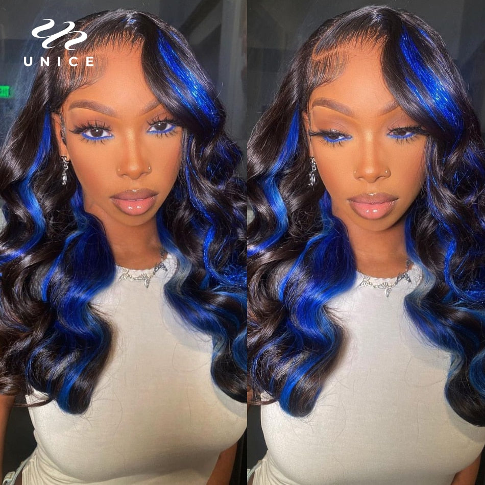 Unice Hair 13X4 Frontal Lace Wig Black With Blue Stripe Body Wave Hair Lace Front Wig Human Hair Streak Highlight Wig for Women