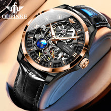 Load image into Gallery viewer, OUPINKE New Men&#39;s Automatic Mechanical Watch Skeleton Design 50M Waterproof Sapphire Mirror Leather Strap Male Watches
