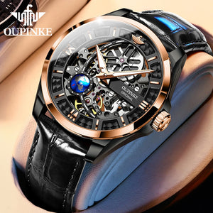 OUPINKE New Men&#39;s Automatic Mechanical Watch Skeleton Design 50M Waterproof Sapphire Mirror Leather Strap Male Watches