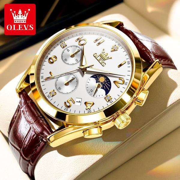OLEVS 2890 New In Original Quartz Watch for Men Leather Strap Fashion Men's Wristwatch Chronograph Moon Phase Sports Male Watch