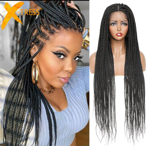 X-TRESS 32&quot; Full Lace Front Box Braided Synthetic Wigs Knotless Cornrow Braids Black Lace Frontal Wigs With Baby Hair for Women