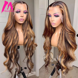 Highlight Wig Human Hair 30 Inch Body Wave Lace Front Wig Ombre Colored Wig Brazilian Brown T Part Honey Blonde Wigs for Women