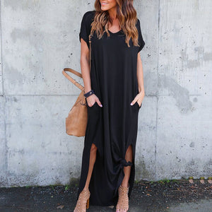 Long Dress with Pockets Split Maxi Long Dress V-Neck Fashion European Solid Color Temperament Simple for Weekend Vacation