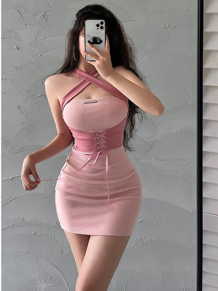 Hot Girl Style Sexy Open Back Lace Up Waist Tight Thin Neck Dress Hip Wrap Mini Dress Pink Hot Sexy Sweet Korean 0P55