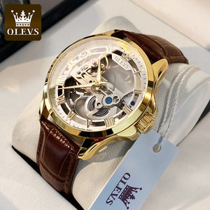 OLEVS Luxury Men Watches Automatic Mechanical Wristwatch Skeleton Design Waterproof Leather Strap Male